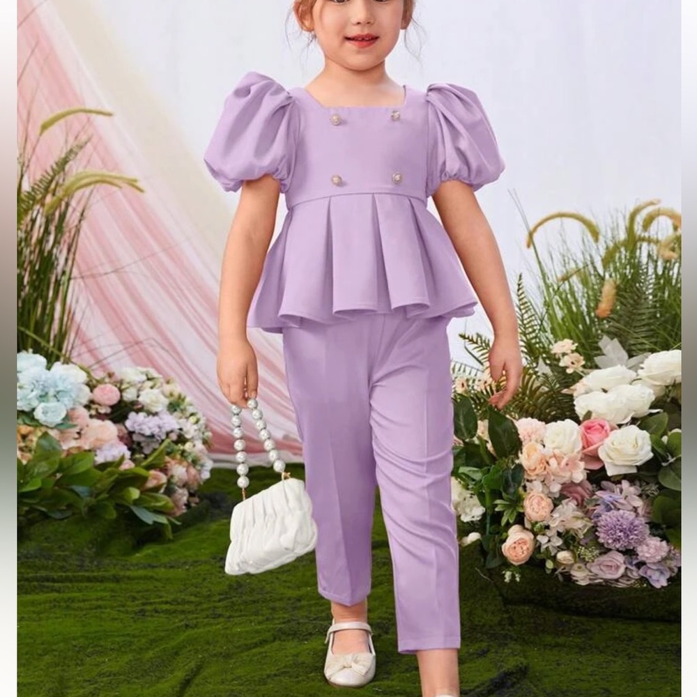 Adorable Lavender Puff Sleeve Outfit top pants gold buttons